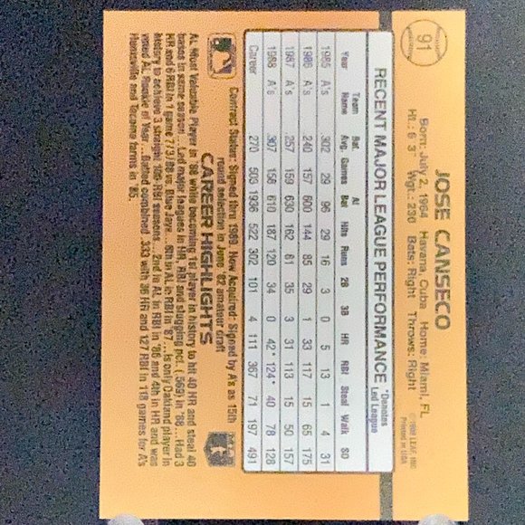1988 Donruss Jose Canseco Baseball Card!! - Picture 2 of 2